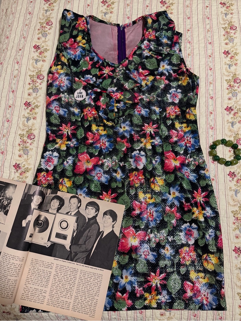 True Vintage 60s 70s Lurex Mini Dress S Black Floral Metallic Mod Party Shift